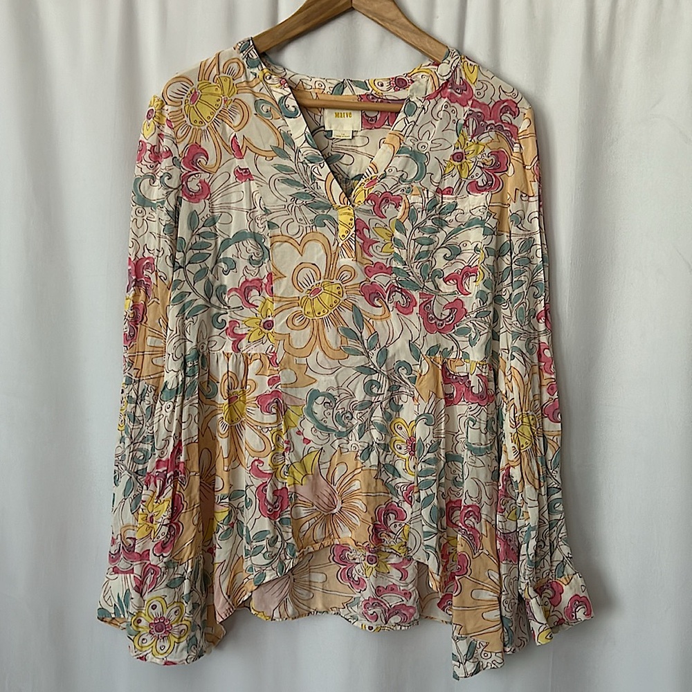 Maeve Anthropologie Boho Floral Long Sleeve Babydoll Shirt Blouse Top **Sz 10**